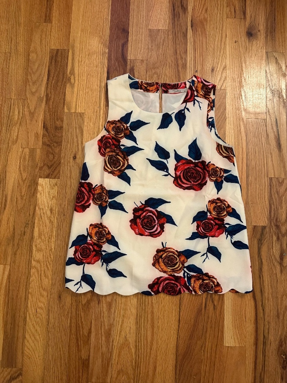 Anthropologie Darling XS Rose Floral Shift Dress Scalloped Hem Ivory Red